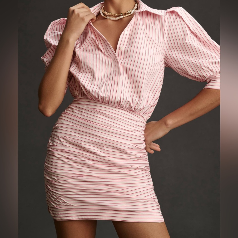 NWOT Maeve Anthropologie Fitted Ruched Mini Shirt Dress Pink Striped M